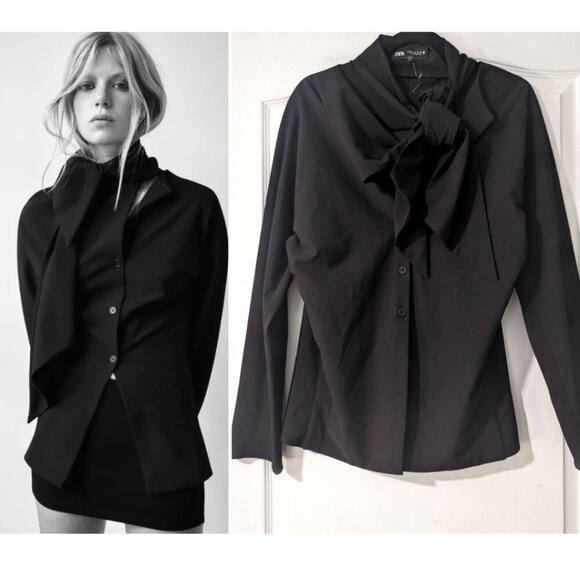 NEW Zara | Poplin Blouse With Bow In Black - Picture 1 of 15